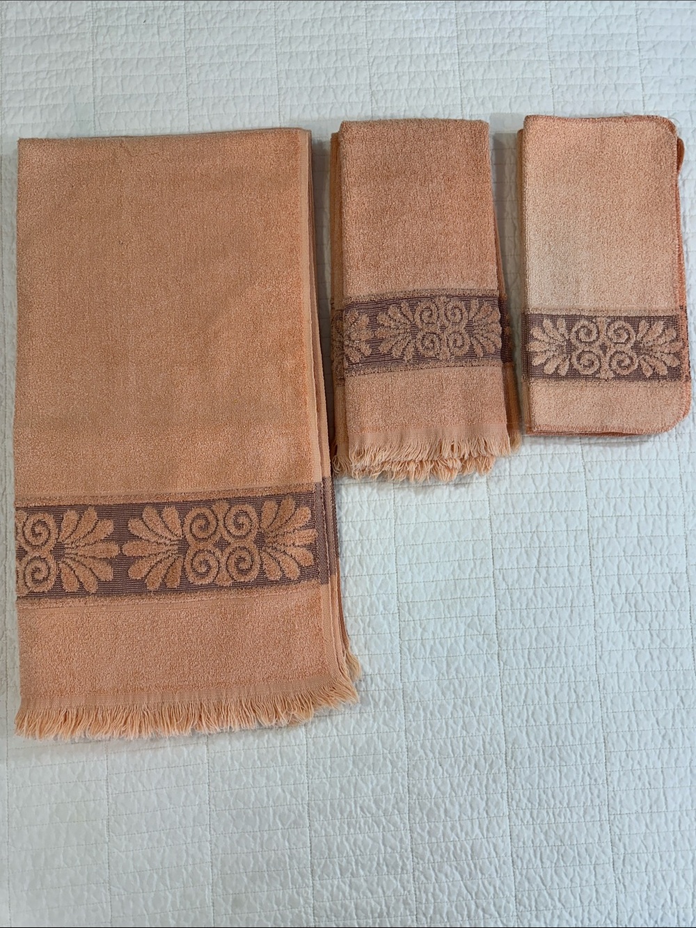 Cannon Monticello Fringe Peach 1970’s Towel Set Bath Hand Washcloth Vintage EUC